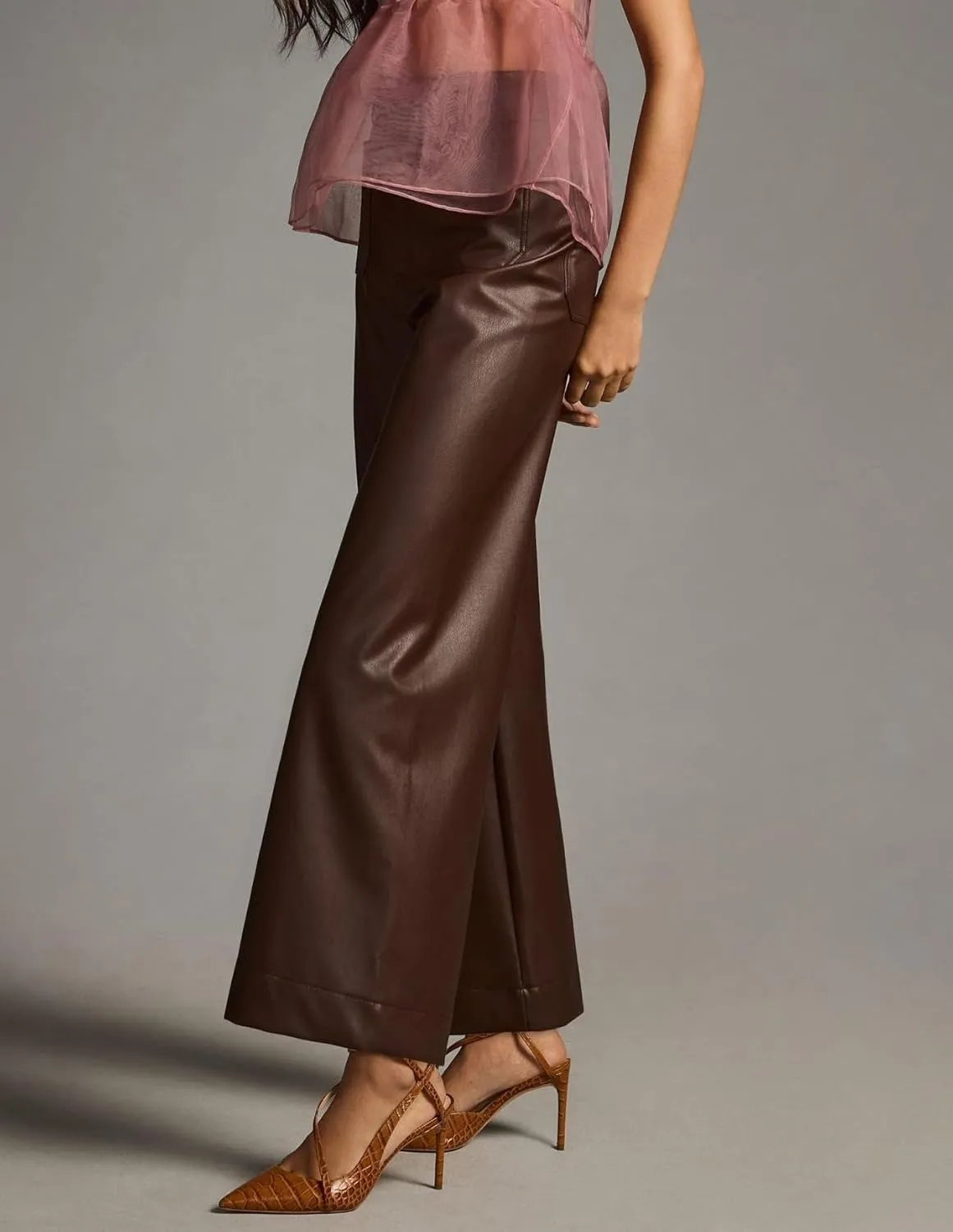 Women's Faux Leather Pants High Waisted Wide Straight Leg Pants PU Trousers with Pockets