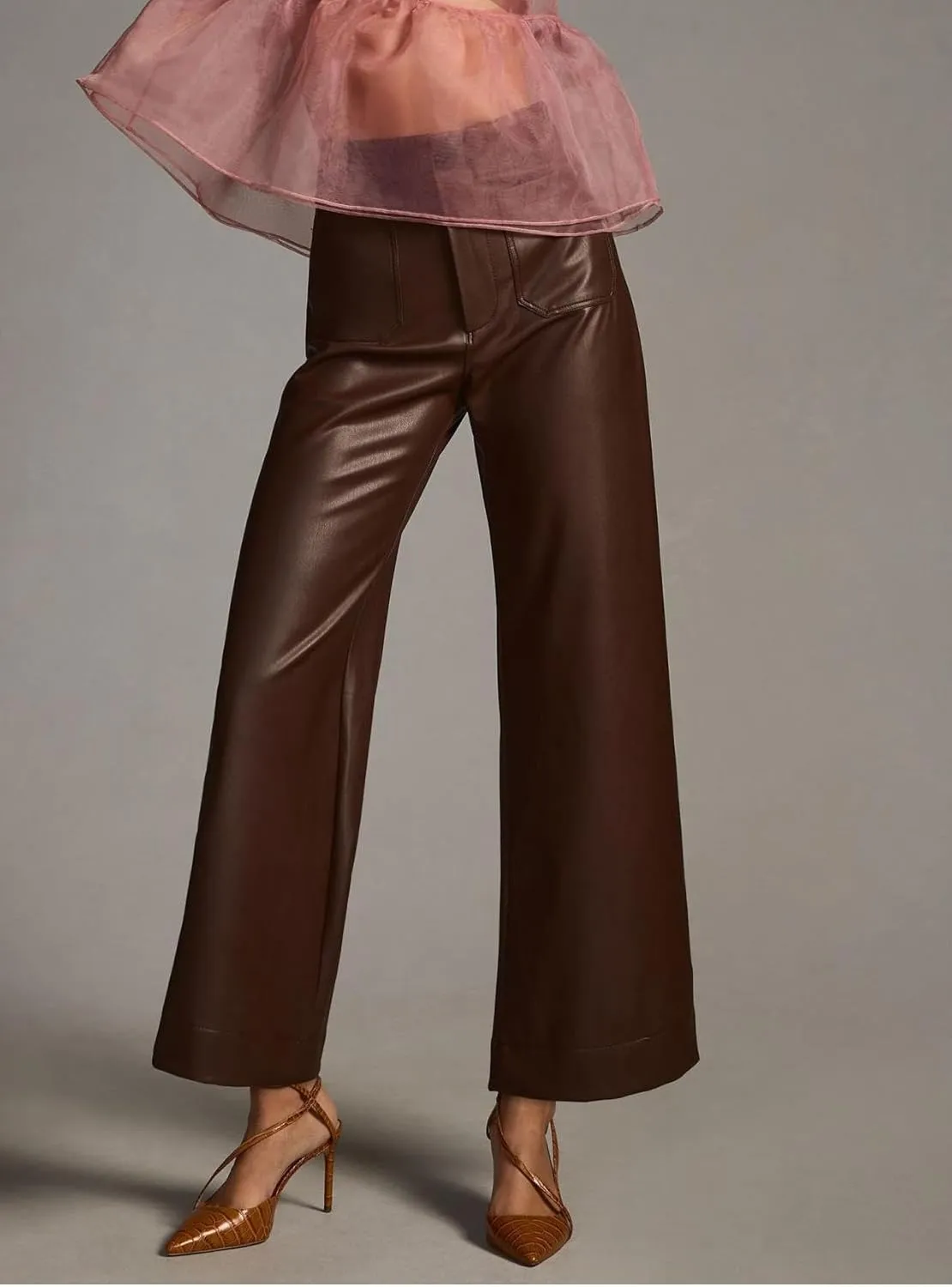 Women's Faux Leather Pants High Waisted Wide Straight Leg Pants PU Trousers with Pockets