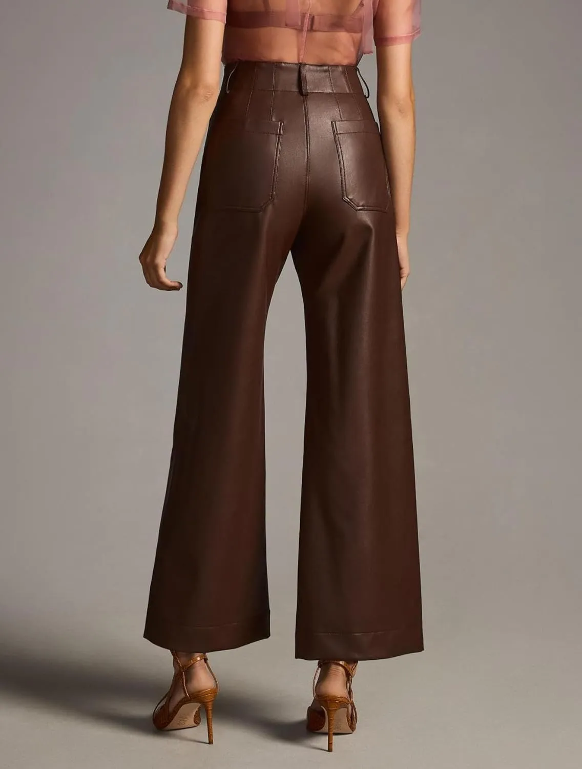 Women's Faux Leather Pants High Waisted Wide Straight Leg Pants PU Trousers with Pockets