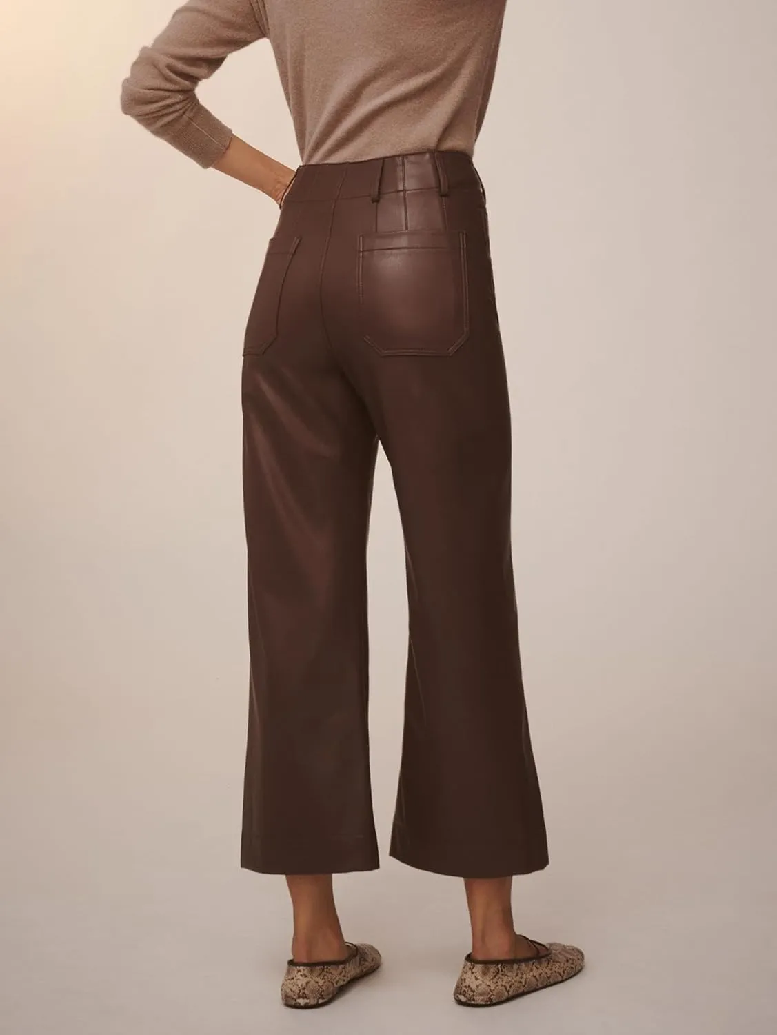 Women's Faux Leather Pants High Waisted Wide Straight Leg Pants PU Trousers with Pockets