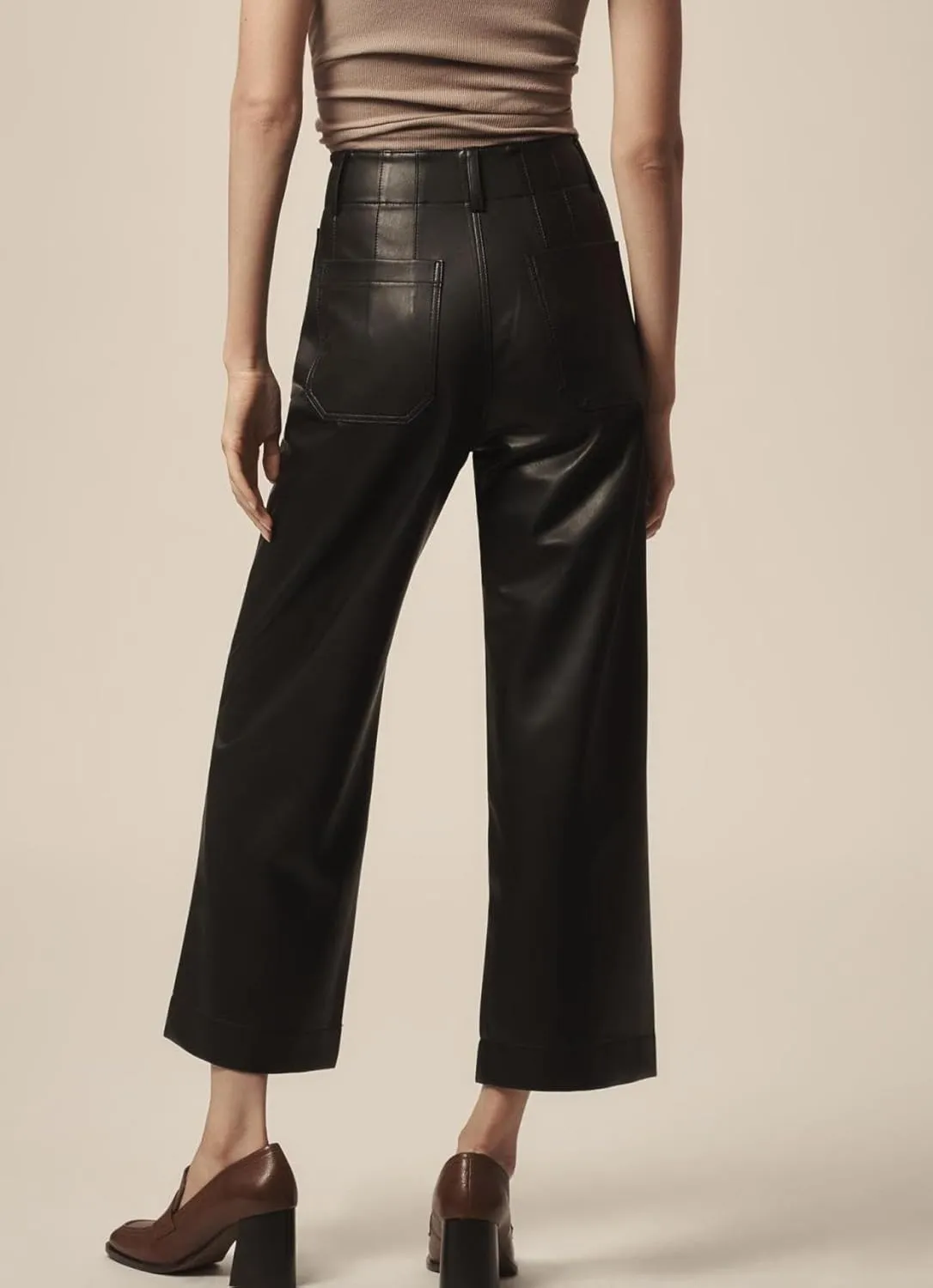 Women's Faux Leather Pants High Waisted Wide Straight Leg Pants PU Trousers with Pockets