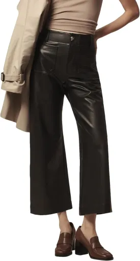 Women's Faux Leather Pants High Waisted Wide Straight Leg Pants PU Trousers with Pockets