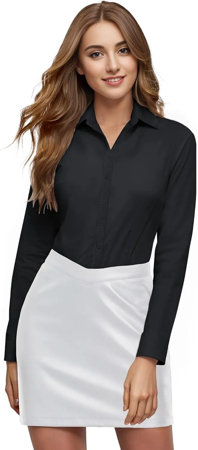 Womens Long Sleeve Button Down Dress Shirts, Solid Formal Work Dress Tops, Classic-Fit Dress Business Office Shirts