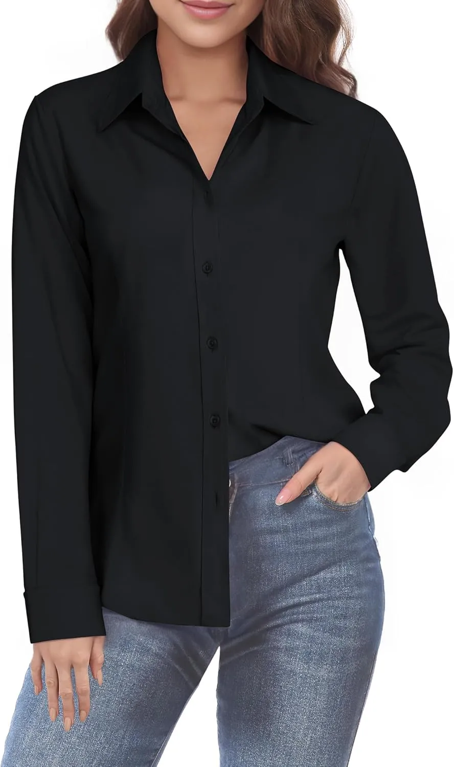 Womens Long Sleeve Button Down Dress Shirts, Solid Formal Work Dress Tops, Classic-Fit Dress Business Office Shirts