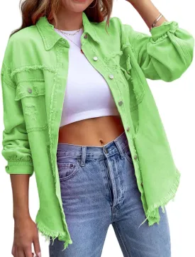 Women's Oversized Denim Jacket Button Up Frayed Hem Shacket Boyfriend Jean Coat Long Sleeve Stretchy Jackets Outfits