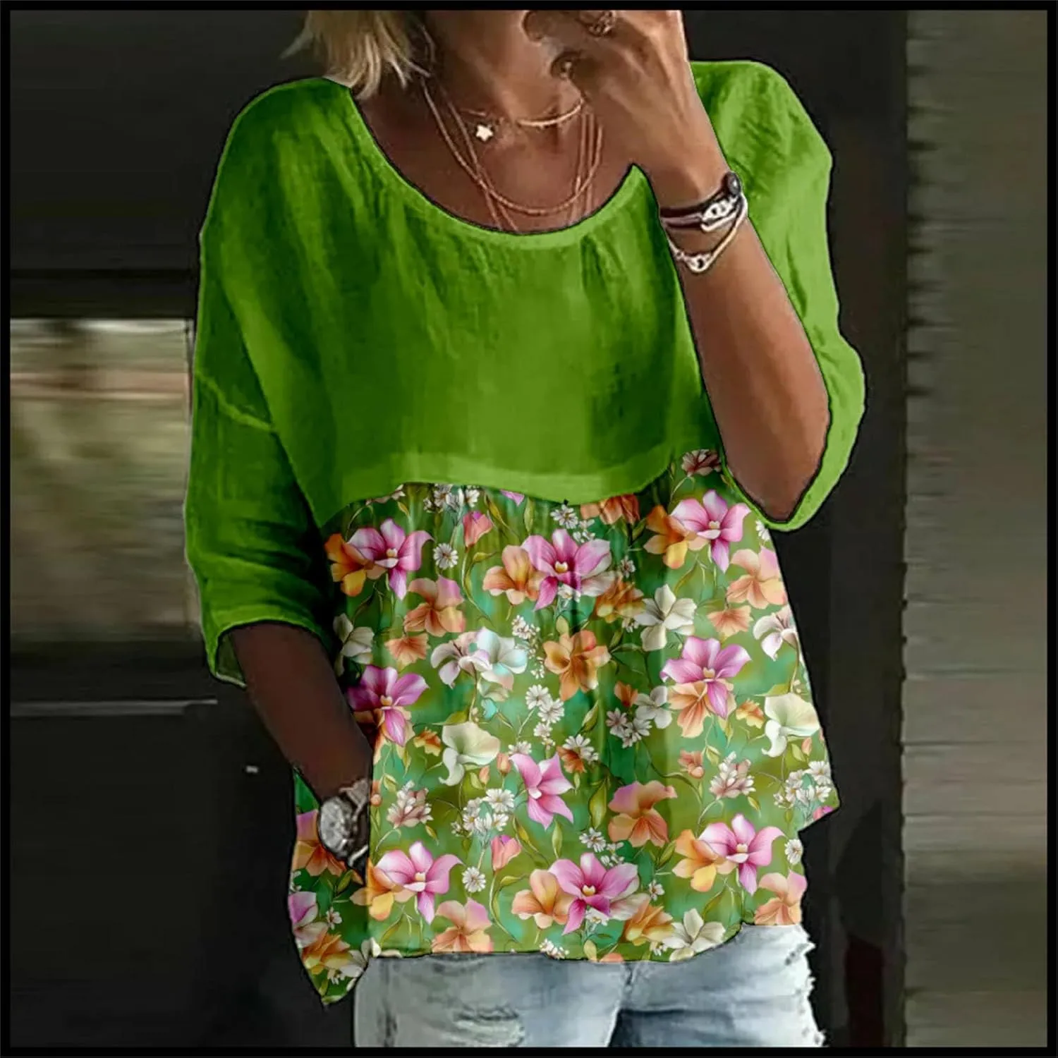 Womens Peasant Boho Tunic Tops 2025 3/4 Length Sleeve Casual Floral Print Loose Fit Summer Flowy Babydoll Blouses