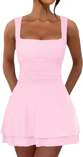 Women's Summer Ruffle Hem Square Neck Mini Dress Ruched Waist Short Party Dresses