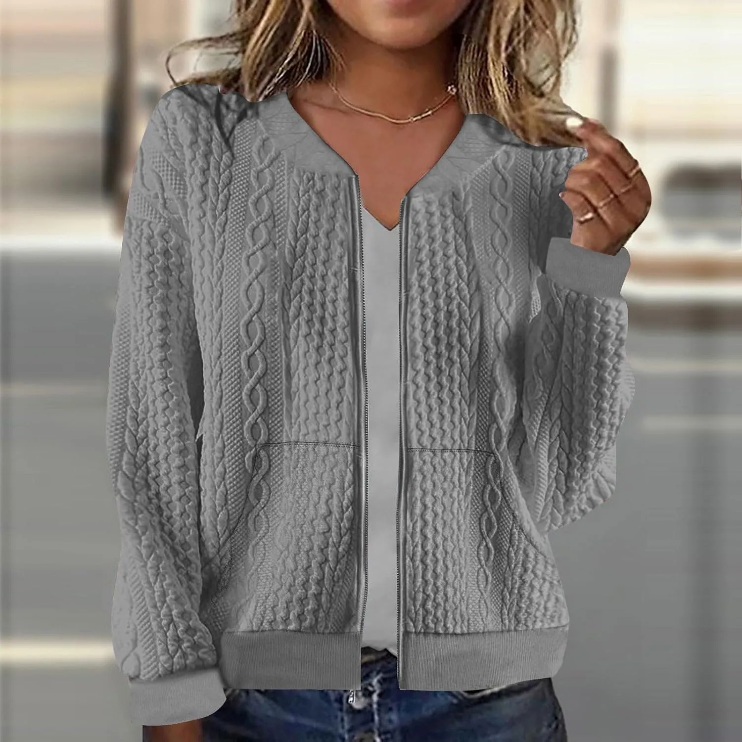 Women's Zip Up Cable Knit Sweater Long Sleeve Open Front Cardigan Warm Cardigan with Pockets Outwear Coats