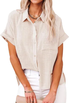 YeonYoonA Womens Button Down Shirts Summer Solid Color Blouses Linen Beach Casual Tops Loose V Neck Tops with Pockets