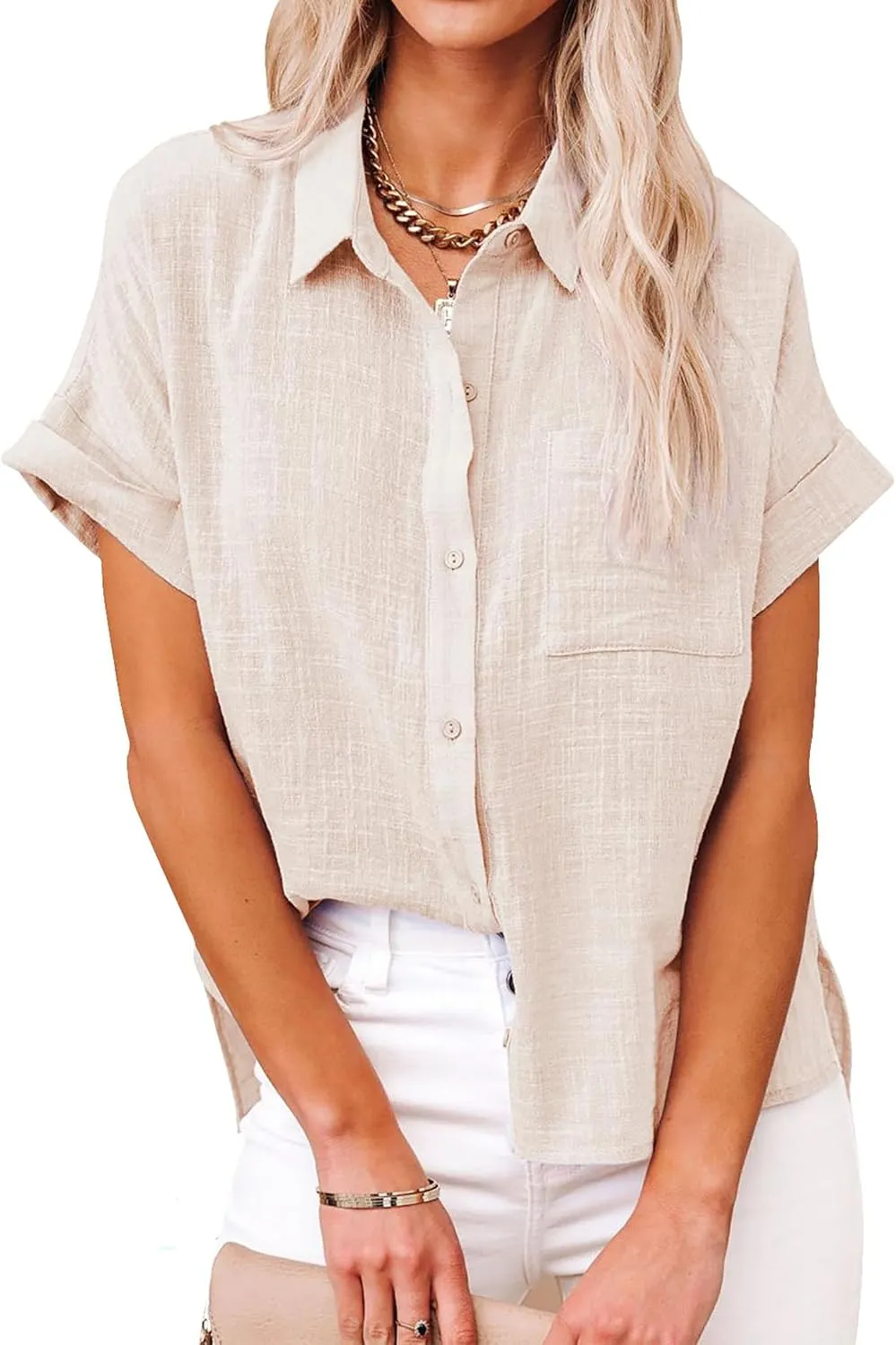 YeonYoonA Womens Button Down Shirts Summer Solid Color Blouses Linen Beach Casual Tops Loose V Neck Tops with Pockets