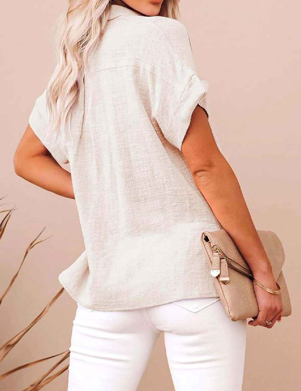 YeonYoonA Womens Button Down Shirts Summer Solid Color Blouses Linen Beach Casual Tops Loose V Neck Tops with Pockets